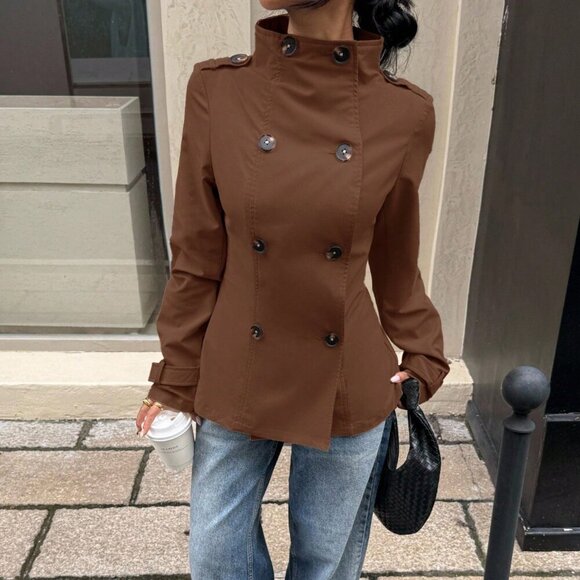 Brown Women's Double-Breasted mini Trench Coat jacket - Picture 4 of 5